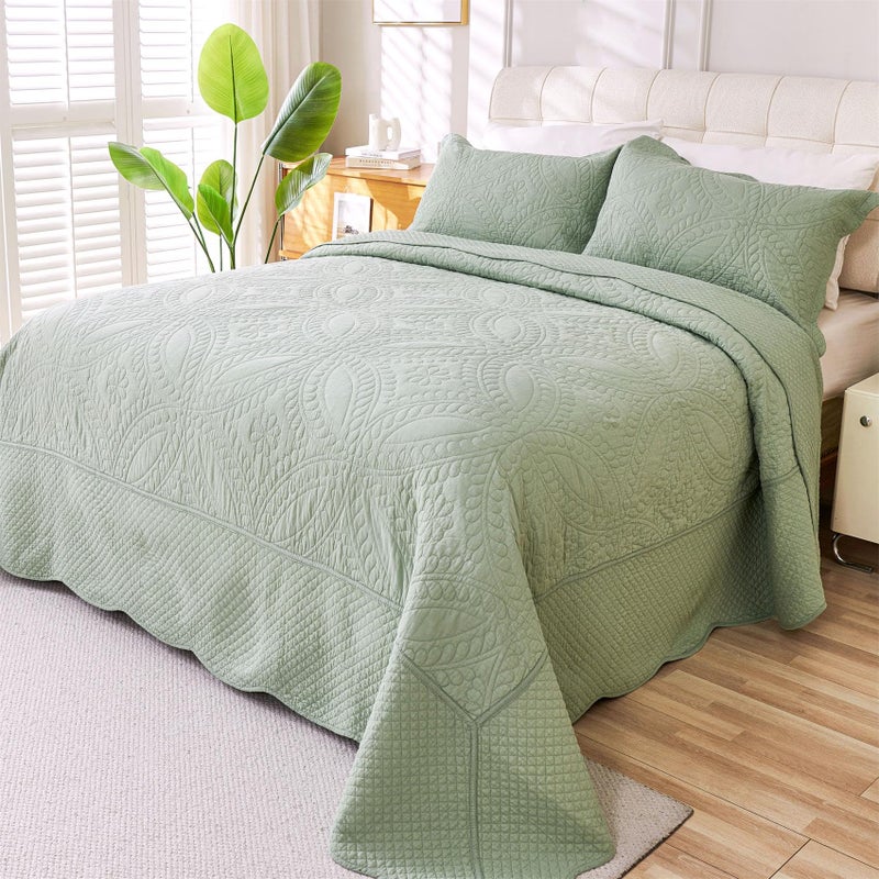 Cmfshape 100 Cotton Quilt King SizeSage Green Bedspread 106x96Coin Pattern Bedding Set 3 PiecesPreWashed Lightweight Microfiber CoverletSuitable for BedCouchQuilt Blanket All Seasons