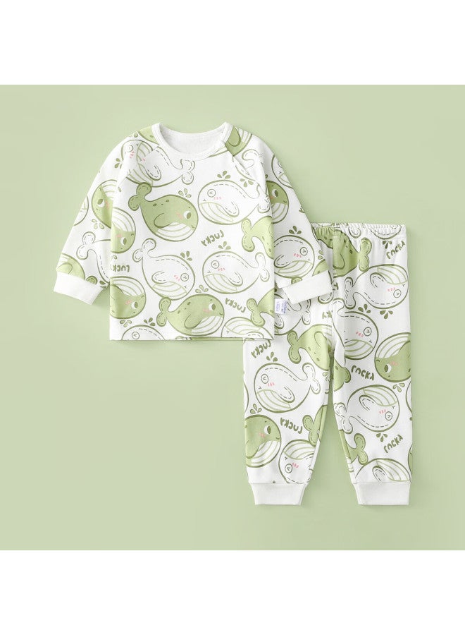 Duoxiluk Baby And Toddler Outfit Set Spring And Autumn Style, Infant Home Wear Set Autumn Clothes And Pants, Light Green Whale, 130