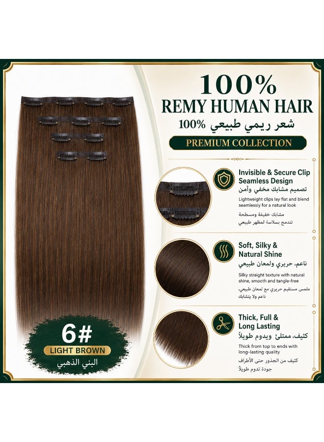 Richcoco Rich Coco 100% Remy Human Hair Seamless Clip In Hair Extensions 4PCS Light Brown 6# Straight Hair Extensions Soft Silky Thick Full Head Invisible Clip Hair Extensions Long Lasting Natural Hair Extensions for Women - Image 1