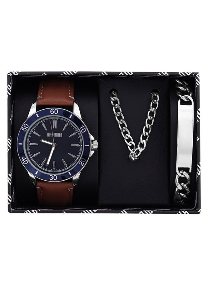 ANDIAMO Men's Analog Blue Case Brown Leather Strap Set Watch 