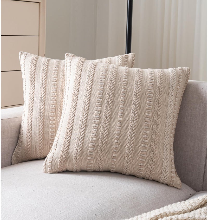Cethom Boho Throw Pillow Covers 18x18 Inch Set of 2, Farmhouse Decorative Couch Pillow Cases, Beige Accent Pillows of Bed, Sofa Bedroom Living Room Home Decor Cushion Cover - Image 1