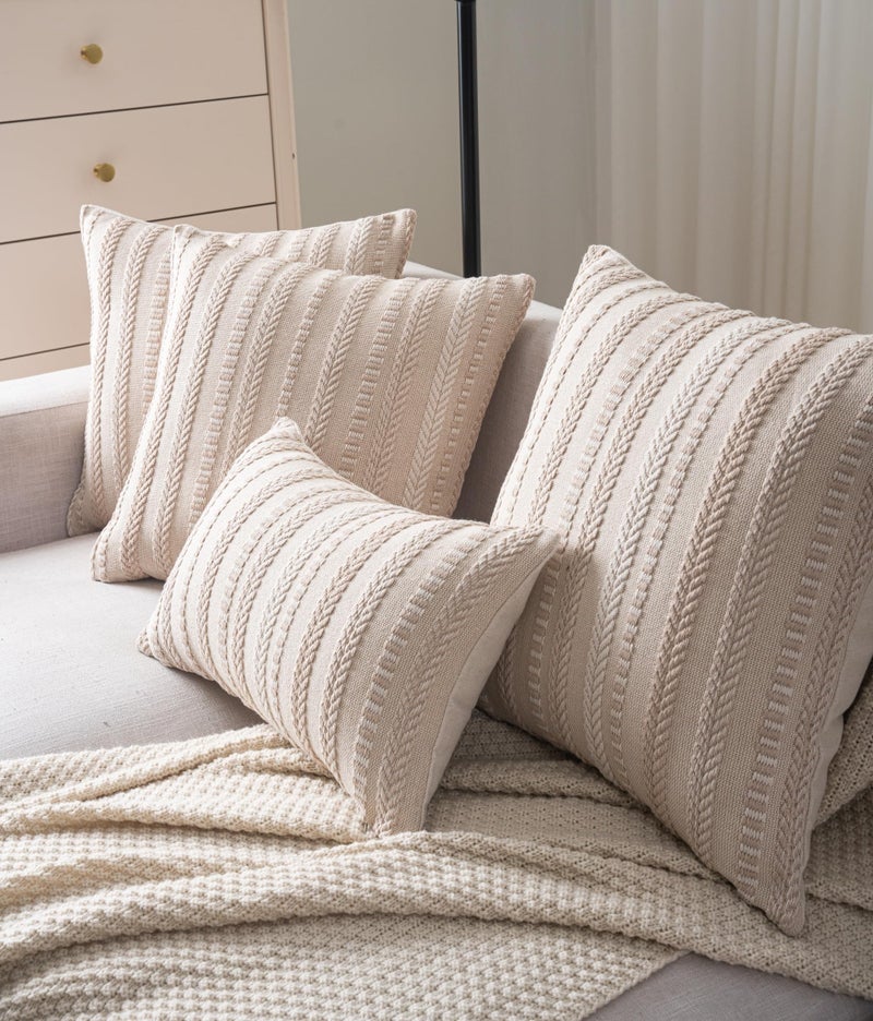 Cethom Boho Throw Pillow Covers 18x18 Inch Set of 2, Farmhouse Decorative Couch Pillow Cases, Beige Accent Pillows of Bed, Sofa Bedroom Living Room Home Decor Cushion Cover - Image 3