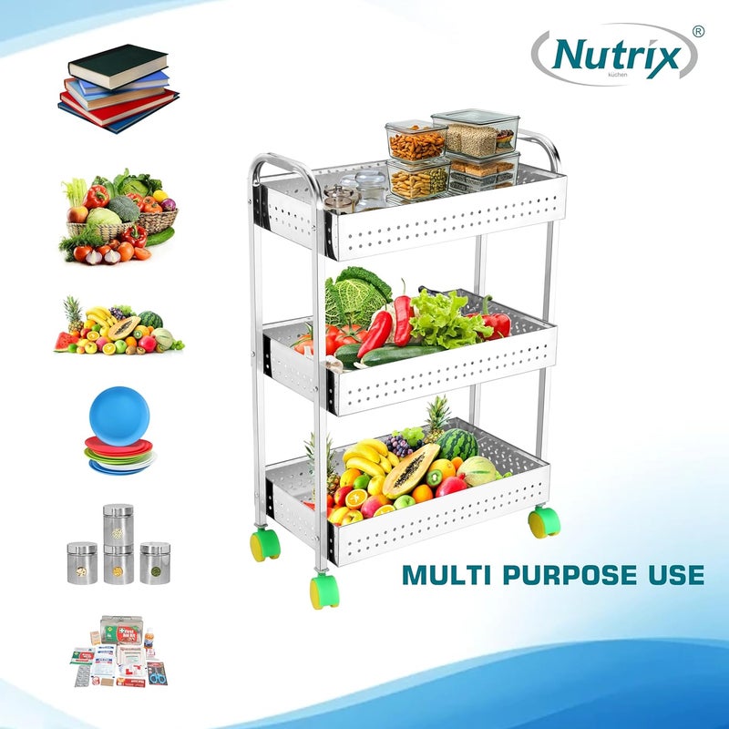 NUTRIX Stainless Steel Fruit Basket Trolley Kitchen Storage Organizer Fruit Vegetable Stand 3 Shelves - Image 4