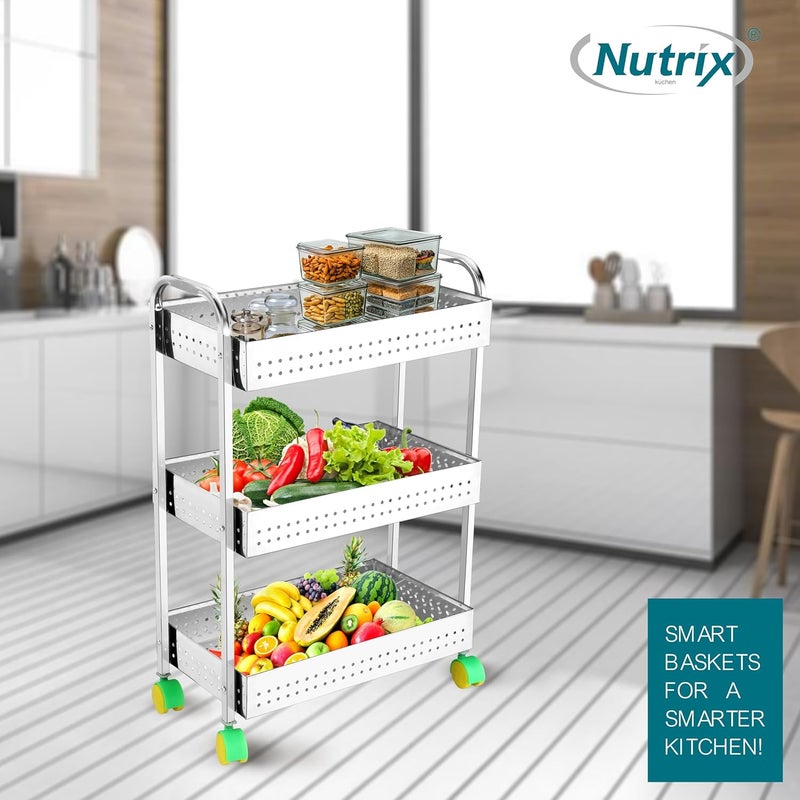 NUTRIX Stainless Steel Fruit Basket Trolley Kitchen Storage Organizer Fruit Vegetable Stand 3 Shelves - Image 5