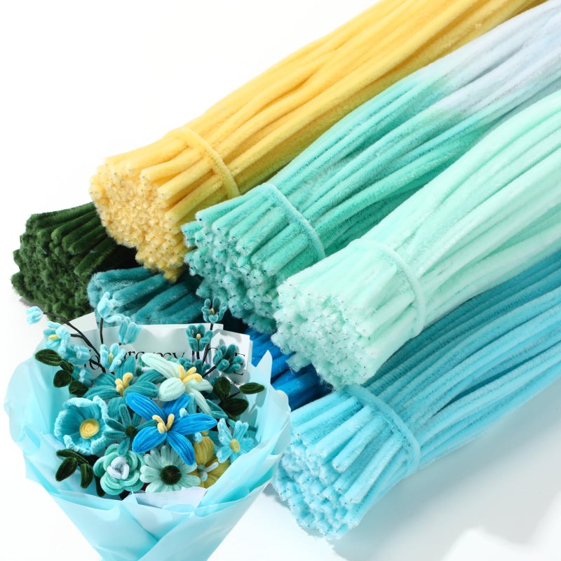 DaisyInner 700 Pcs Pipe DIY Cleaners for Craft Cleaners Flower Pipe Bulk Pastel Chenille Stems Flower Gradient Colored Fluffy for Valentine's Day School Party Decor(Blue Style) - Image 1