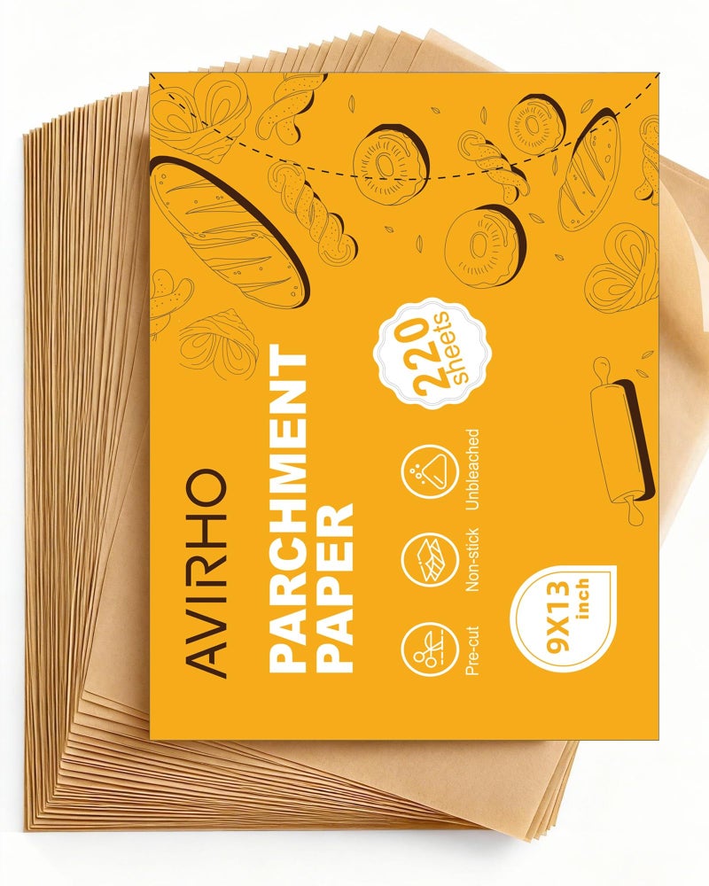 Avirho 220 Count Unbleached Parchment Paper Sheets, 9x13 Inch Precut Baking Paper for Quarter Sheet Pan, Non-Stick & Greaseproof, Heat Resistant 450°F for Toaster Oven, Air Fryer - Image 1