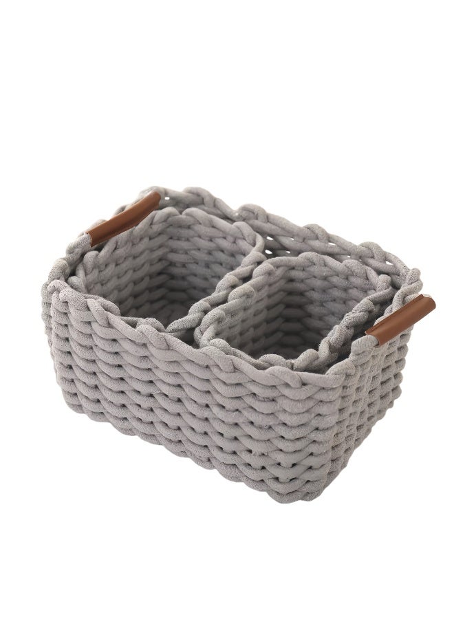 مجموعة صناديق تخزين منسوجة يدويًا، مصنوعة من حبل قطني صديق للبيئة، تتضمن سلتين صغيرتين وسلة كبيرة. مناسبة لمستحضرات التجميل والوجبات الخفيفة والألعاب والمفاتيح. لونها رمادي فاتح. - Image 1
