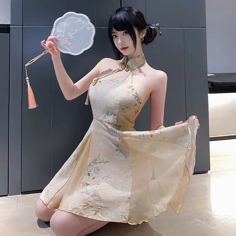nightingale Retro Chinese Style Cheongsam Lingerie Sexy Printed See-Through Backless A-Line Erotic Nightwear - Image 3