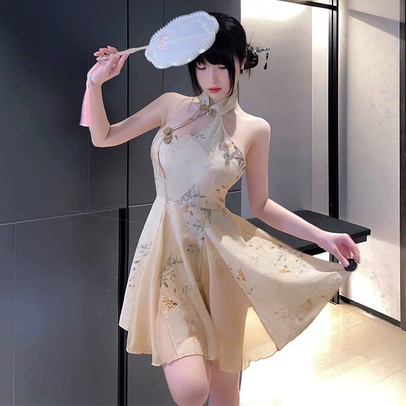 nightingale Retro Chinese Style Cheongsam Lingerie Sexy Printed See-Through Backless A-Line Erotic Nightwear - Image 4