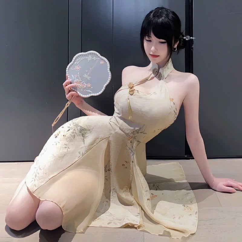nightingale Retro Chinese Style Cheongsam Lingerie Sexy Printed See-Through Backless A-Line Erotic Nightwear - Image 1
