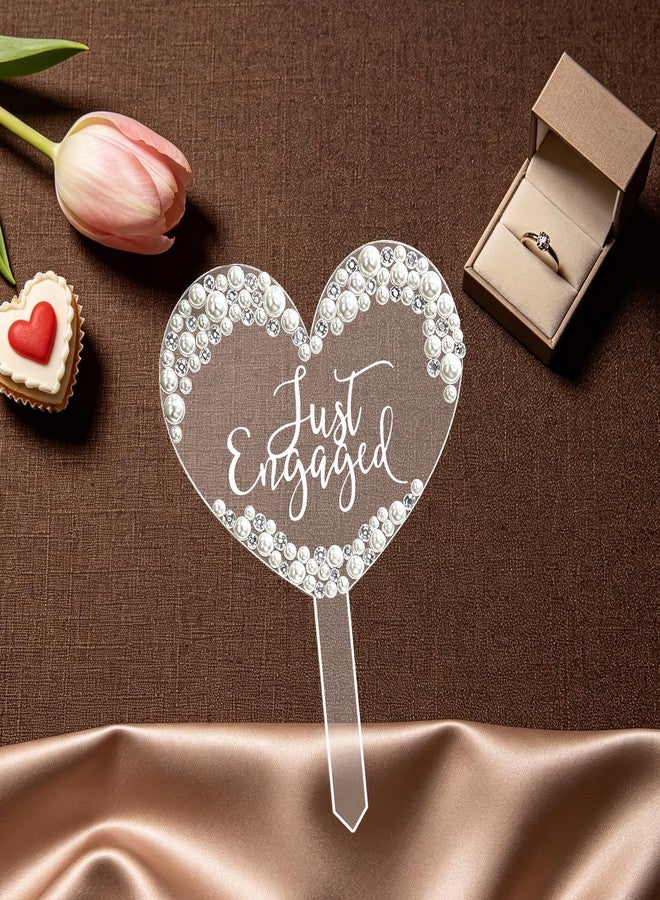 GRMIKBU Just Engaged Cake Topper Rhinestone Heart Decor with Pearls for Engagement Bridal Shower Wedding Anniversary Party - Image 4
