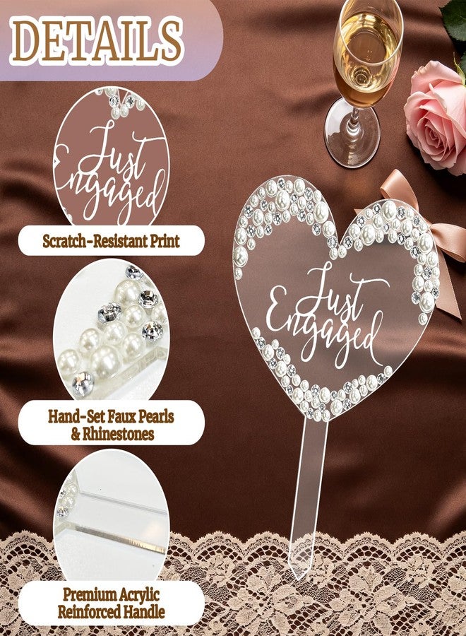 GRMIKBU Just Engaged Cake Topper Rhinestone Heart Decor with Pearls for Engagement Bridal Shower Wedding Anniversary Party - Image 5