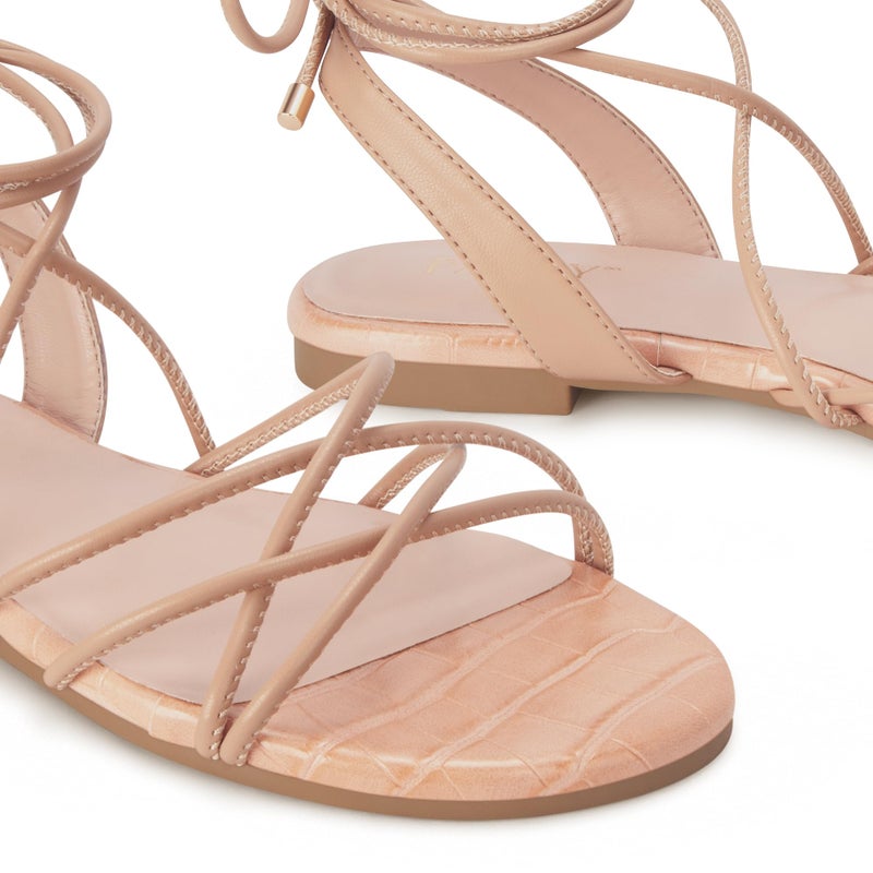 PARTY Women's Strappy Sandals Gladiator Lace Up Flats Summer Wrap Open Toe Tie Up Shoes, Nude, 9B - Image 5