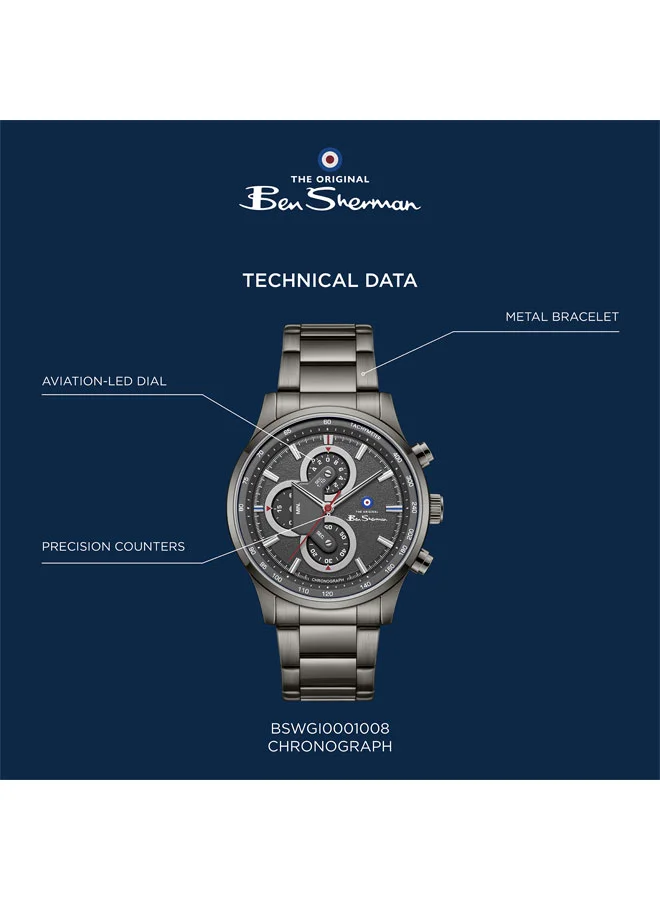 Ben Sherman Gunmetal Brighton Gunmetal Dial Gunmetal Stainless Steel Bracelet Chronograph Watch for Men, 43.5mm for Men | Best Price UAE