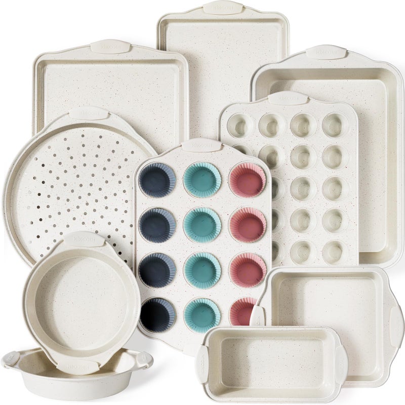Kikcoin 22 PCS Nonstick Baking Pans Set, Stackable Bakeware Sets with Silicone Handles, 450Â°F Oven Safe Baking Sheet Set, Easy Release Cookie Sheets for Baking, Cream - Image 1