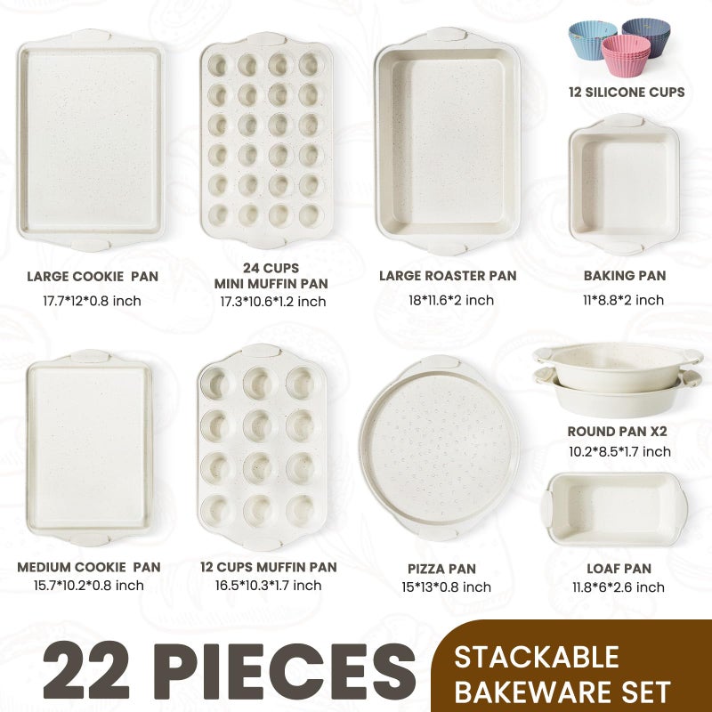 Kikcoin 22 PCS Nonstick Baking Pans Set, Stackable Bakeware Sets with Silicone Handles, 450Â°F Oven Safe Baking Sheet Set, Easy Release Cookie Sheets for Baking, Cream - Image 2