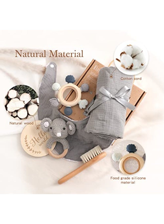 LAMAY Children Boy Gift Set, New Born Shower Gifts, children Essentials Basket Stuffers children Bath Set with Muslin children Blanket, Wood Brush & Rattle, Newborn Welcome children Gift Box - Image 4
