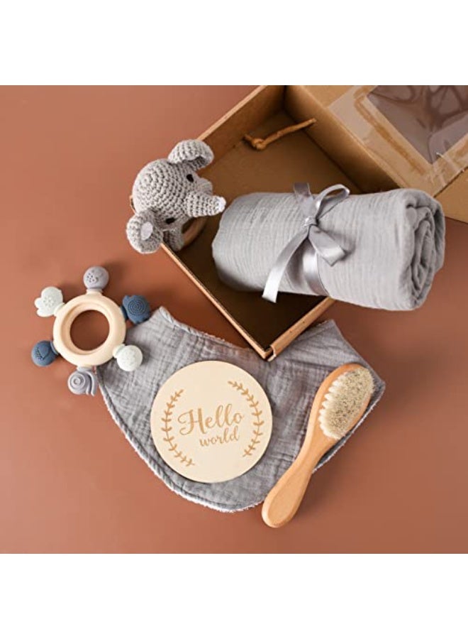 LAMAY Children Boy Gift Set, New Born Shower Gifts, children Essentials Basket Stuffers children Bath Set with Muslin children Blanket, Wood Brush & Rattle, Newborn Welcome children Gift Box - Image 5