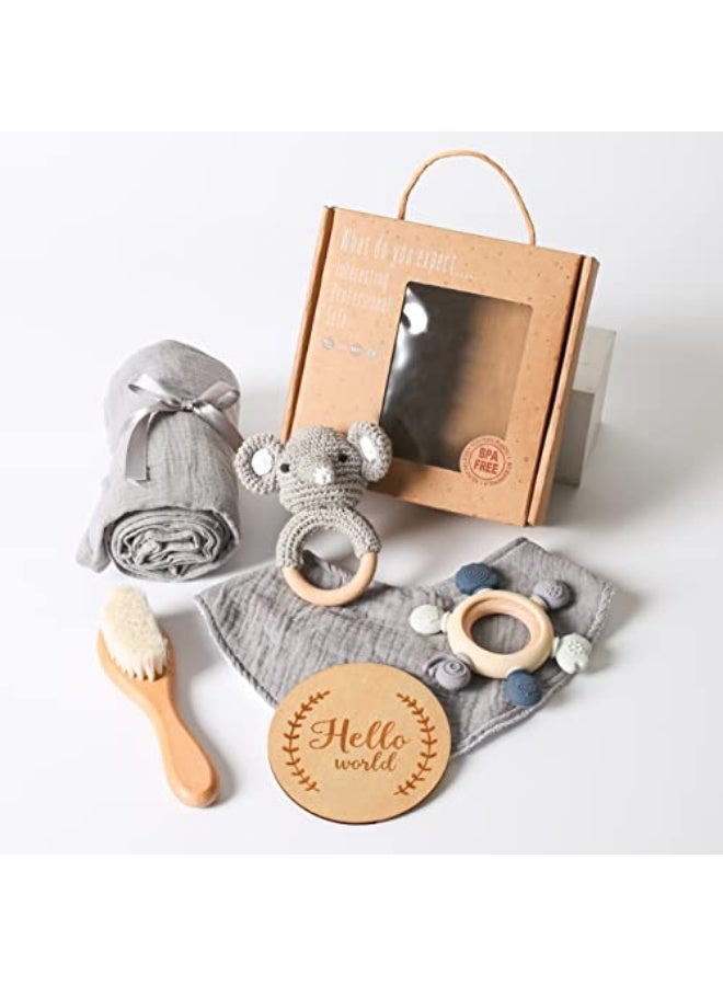 LAMAY Children Boy Gift Set, New Born Shower Gifts, children Essentials Basket Stuffers children Bath Set with Muslin children Blanket, Wood Brush & Rattle, Newborn Welcome children Gift Box - Image 1