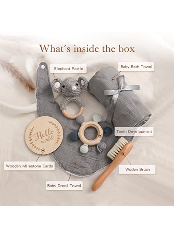 LAMAY Children Boy Gift Set, New Born Shower Gifts, children Essentials Basket Stuffers children Bath Set with Muslin children Blanket, Wood Brush & Rattle, Newborn Welcome children Gift Box - Image 2