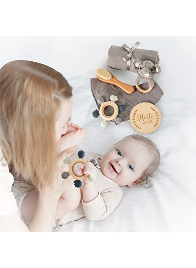 LAMAY Children Boy Gift Set, New Born Shower Gifts, children Essentials Basket Stuffers children Bath Set with Muslin children Blanket, Wood Brush & Rattle, Newborn Welcome children Gift Box - Image 3