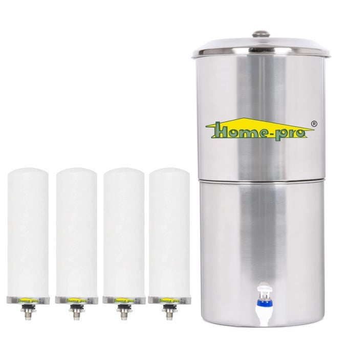 GRAVITY WATER FILTER AND PURIFIER 30 LITERS TOTAL CAPACITY 15L BOTTOM 15L TOP MADE WITH STAINLESS STEEL INCLUDES 4 CREAMIC LONG CANDLE AND FOOD GRADE PLASTIC TAPE