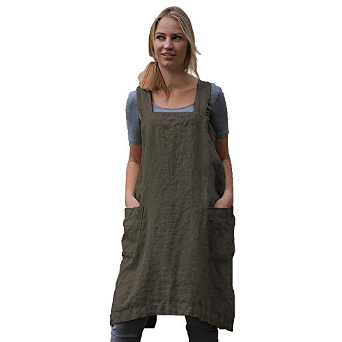Larmliss Women’s Pinafore Square Apron Baking Cooking Gardening Works Cross Back Cotton/Linen Blend Dress with 2 Pockets - Image 1