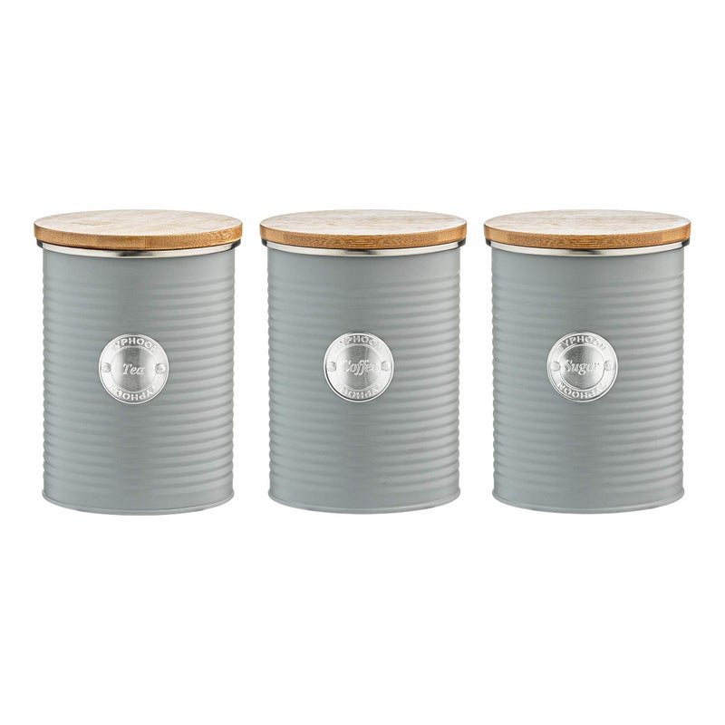 Typhoon Living Airtight Set of 3 Tea Coffee  Sugar Storage Canister Jars with Lid Grey 1 Litre