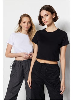 trendyol Black and White 2-Pack 100% Cotton Crop Crew Neck Knitted T-Shirt TWOSS20TS1480 