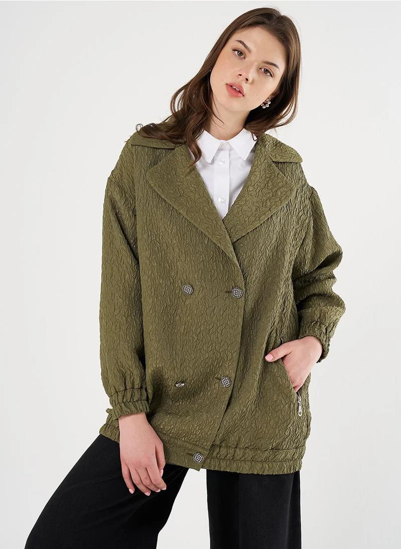 Kayra Double-Breasted Pleated Jacket in Khaki