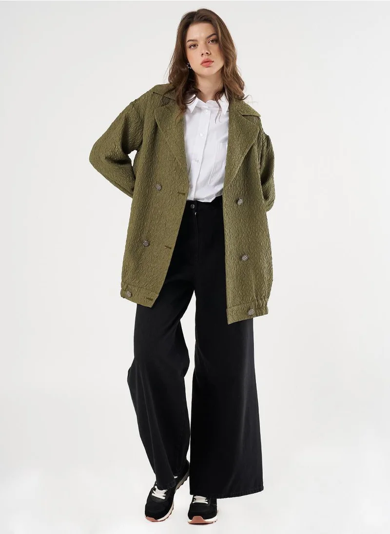 Kayra Double-Breasted Pleated Jacket in Khaki