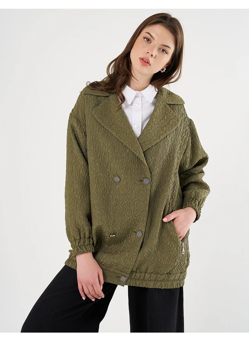 Kayra Double-Breasted Pleated Jacket in Khaki