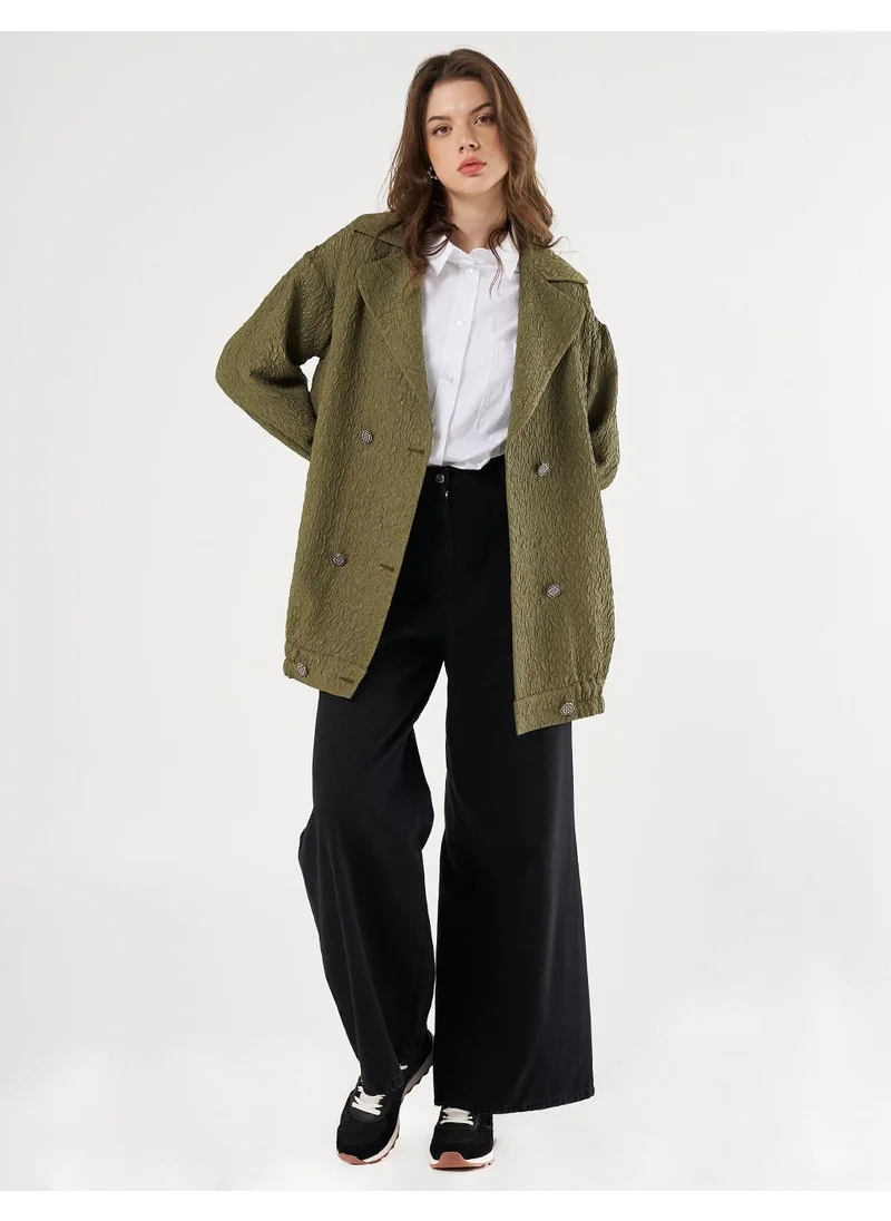 Kayra Double-Breasted Pleated Jacket in Khaki
