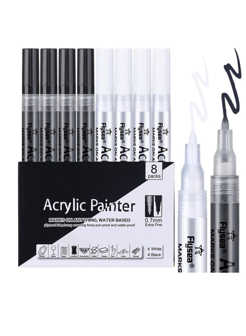 SYOSI Black Paint Pens, Acrylic Paint Pens Black and White, 8 Pack 0.7 mm Extra Fine, Waterproof Art Markers for Rock Painting Ceramic Glass Canvas Mug Metal Wood DIY Supplies,  Black Acrylic Marker - Image 1
