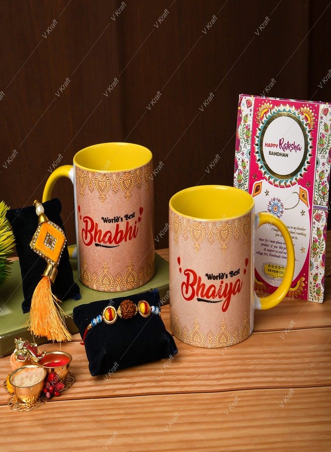 V Kraft "World Best BHAIYA BHABHI Printed Multicolor Coffee Mug with Designer Rakhi for bhaiya bhabhi with roli chawal and Rakhi Special Wishes Card |330 ml (Yellow 02) - Image 1