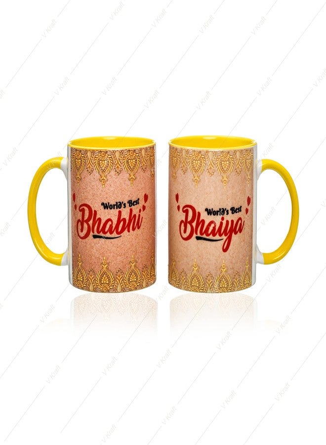 V Kraft "World Best BHAIYA BHABHI Printed Multicolor Coffee Mug with Designer Rakhi for bhaiya bhabhi with roli chawal and Rakhi Special Wishes Card |330 ml (Yellow 02) - Image 2