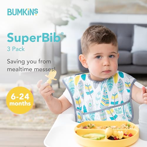Bumkins Bibs for Girl or Boy, SuperBib Baby and Toddler for 6-24 Months, Essential Must Have for Eating, Feeding, Baby Led Weaning Supplies, Mess Saving Catch Food, 3-pk Feathers, Arrows and Quill - Image 3