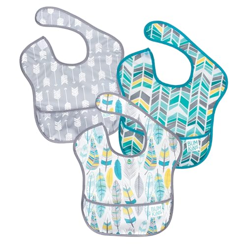 Bumkins Bibs for Girl or Boy, SuperBib Baby and Toddler for 6-24 Months, Essential Must Have for Eating, Feeding, Baby Led Weaning Supplies, Mess Saving Catch Food, 3-pk Feathers, Arrows and Quill - Image 1