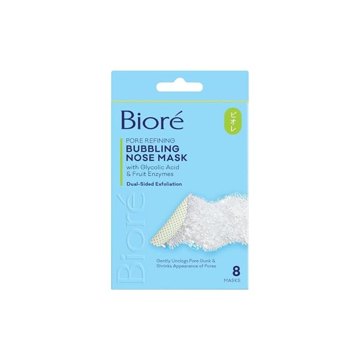 Biore Pore Refining Bubbling Nose Mask, Glycolic Acid and Hyaluronic Acid Exfoliant for Face, Pore Cleansing Mask, 8 Ct