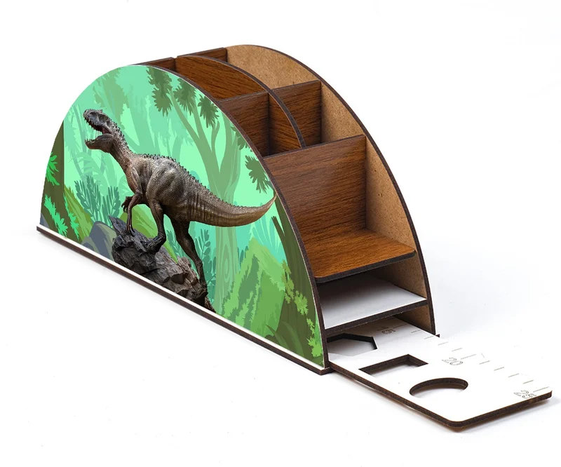 Notpa Wooden Dinosaur Jungle Rainbow Desktop Pencil Holder Box with Ruler Organizer For Kids GK29