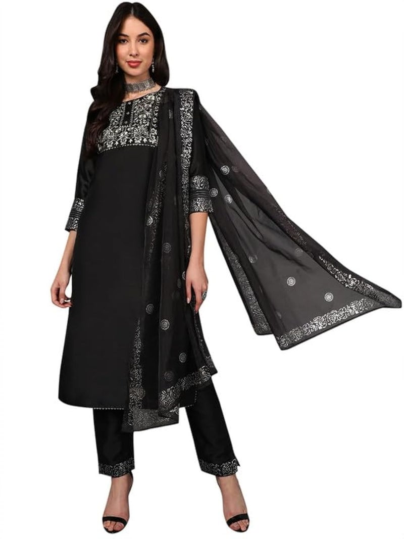 Vaamsi Women's Silk Blend Yoke Design Embroidered Straight Kurta Pant with Dupatta (PKSKD1434_Black_M) - Image 1