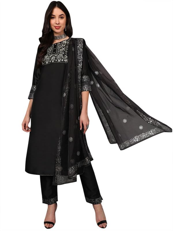 Vaamsi Women's Silk Blend Yoke Design Embroidered Straight Kurta Pant with Dupatta (PKSKD1434_Black_M) - Image 2
