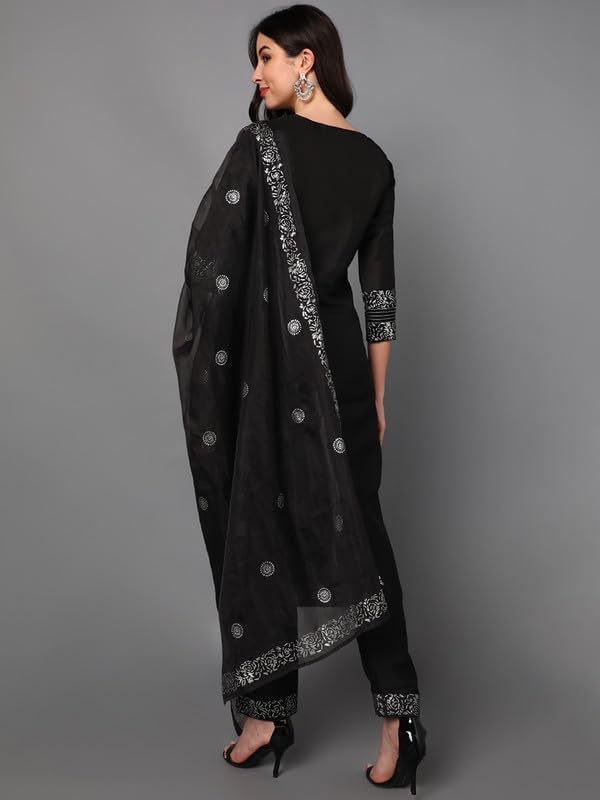 Vaamsi Women's Silk Blend Yoke Design Embroidered Straight Kurta Pant with Dupatta (PKSKD1434_Black_M) - Image 3