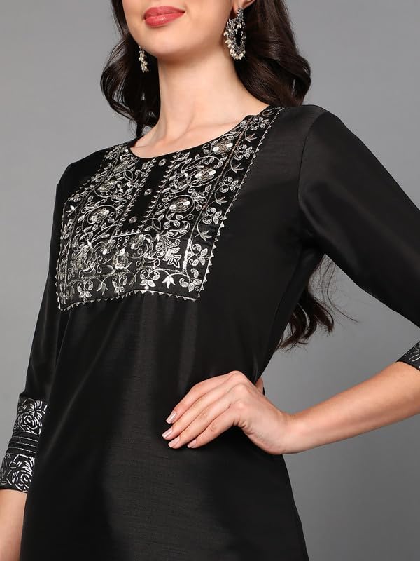 Vaamsi Women's Silk Blend Yoke Design Embroidered Straight Kurta Pant with Dupatta (PKSKD1434_Black_M) - Image 4