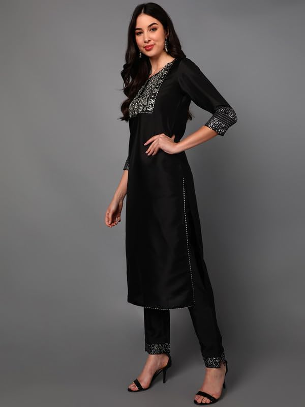 Vaamsi Women's Silk Blend Yoke Design Embroidered Straight Kurta Pant with Dupatta (PKSKD1434_Black_M) - Image 5