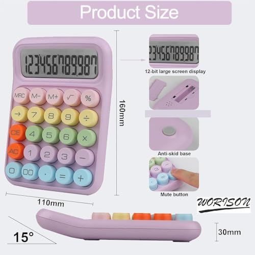Worison Pastel Multicolor Mechanical Pushbutton Calculator, 12 Large LCD Display Big Buttons Colorful Candy Calculator 1pc - Image 4