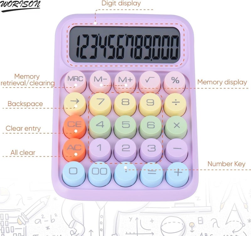 Worison Pastel Multicolor Mechanical Pushbutton Calculator, 12 Large LCD Display Big Buttons Colorful Candy Calculator 1pc - Image 2