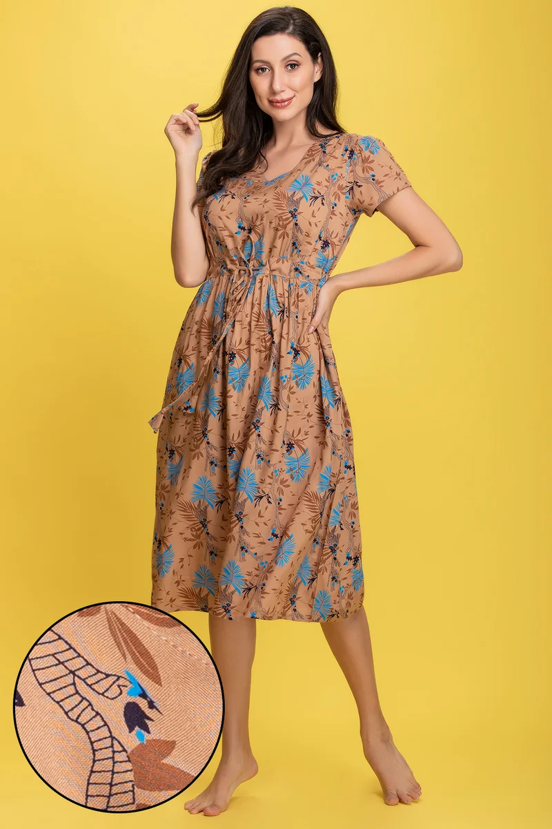 كلوفيا Clovia Leaf Print Mid-Length Nightdress in Beige - Rayon