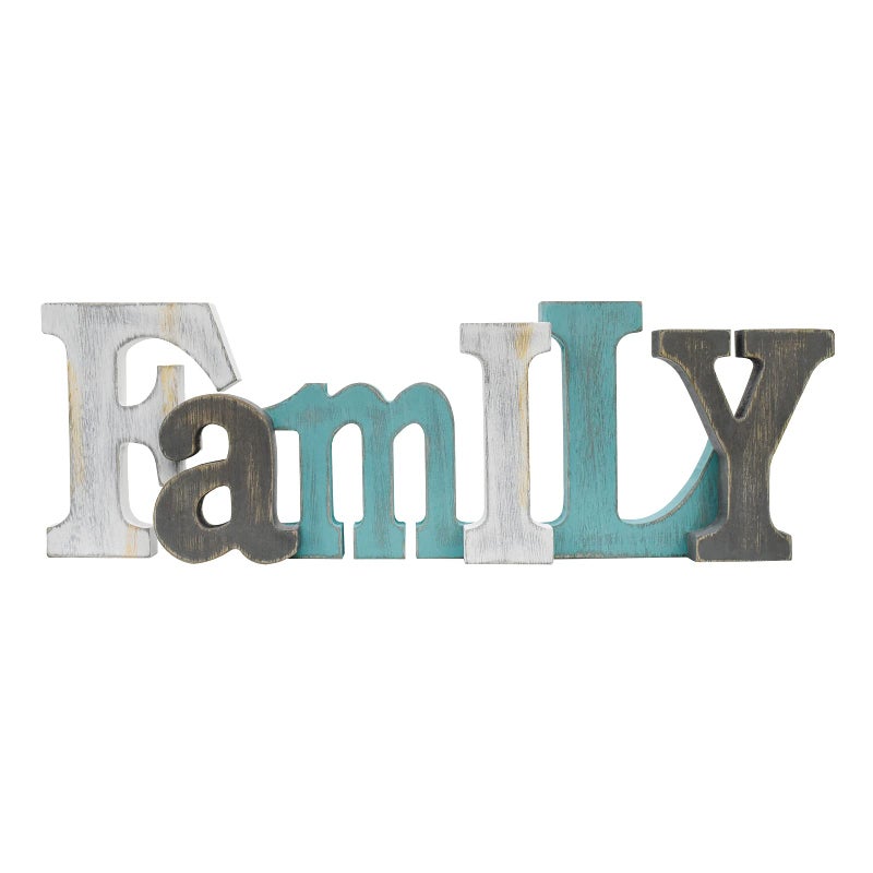 Eview Wooden Letters Sign Decorative Wood Block Signs Freestanding Word Cutout Distressed Teal Sign for Shelf Table Mantle Hanging Ornament Rustic Home Decor Family