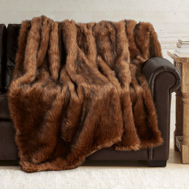 Hyde Lane Hyde Lane Faux Fur Throw Blanket  Ultra Long Pile Luxury Fluffy Bear Brown with Black Tipped Blankets Fuzzy Plush Animal Coat Color Throws for Sofa Couch Gift for Women 50x60 